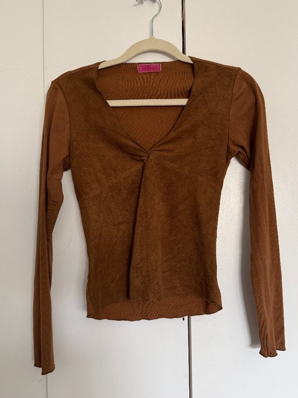 Velvet Brown Long Sleeve Bejeweled Shirt